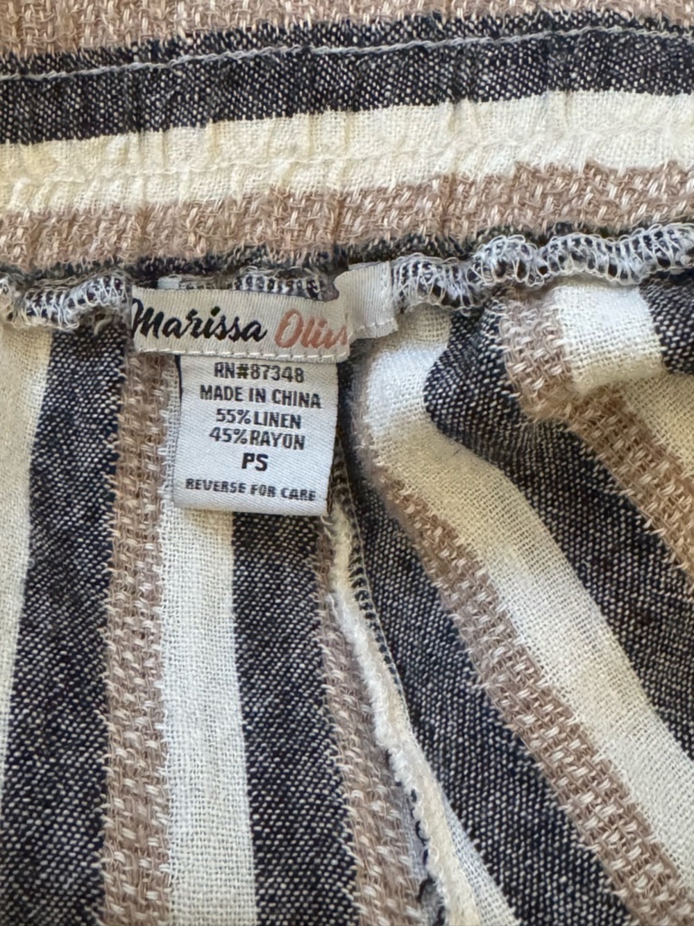 Marissa Olivia Striped Cream Beige Gray Drawstring Linen Coastal Lounge Pants - Picture 6 of 6